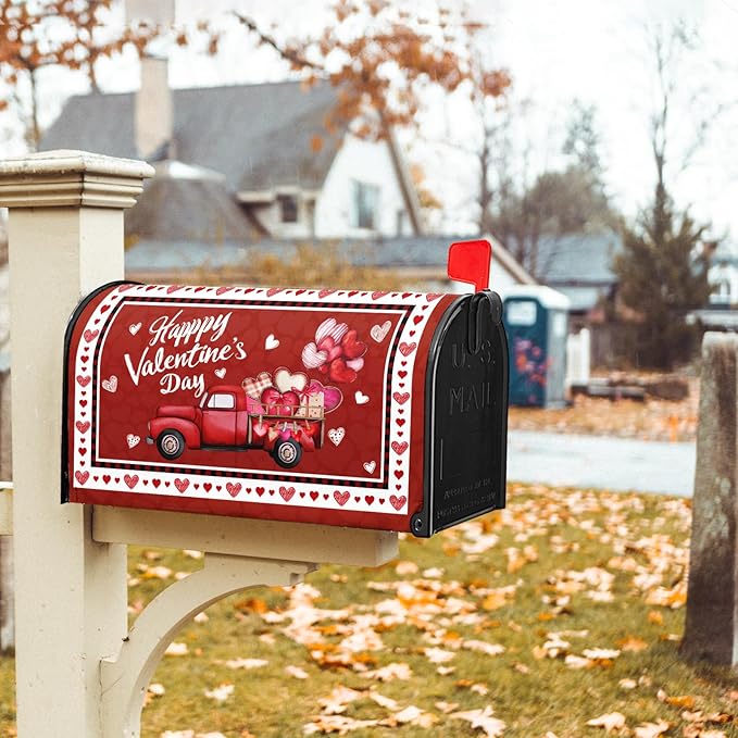 Valentine's Day Magnetic Mailbox Cover Red Heart Mailbox Cover Magnetic Standard Size 21 X 25.5 Inch Red Truck Mailbox Post Cover Mailbox Wraps Mailbox Decor for Home Garden Outdoor Yard