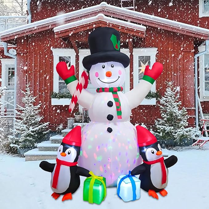 Christmas Inflatables 6FT Snowman Outdoor Yard Decorations, Christmas Blow up Snowman with Penguins and Giftboxes, Built-in Colorful Rotating LED Lights for Holiday Xmas Party Lawn Yard Garden