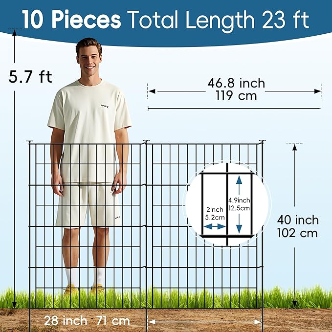 Garden Fence 40 inch H x 28 inch W (10 Panels, Total Length 23 ft) Metal Decorative Fence No Dig Rustproof Animal Barrier Fencing for Dog, Rabbits, and Patio,Yard