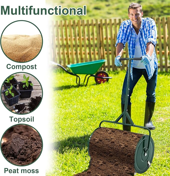Hiboom 36 Inch Compost Spreader, Peat Moss Spreader, Manure Roller with Adjustable T Shaped Handle, Lightweight Metal Mesh for Lawn Garden Spreading Manure Topsoil (Green)