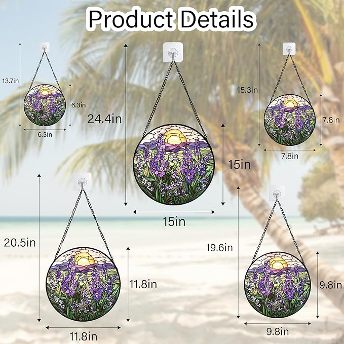 Stained Glass Window Hanging - Purple Lavender Suncatcher for Door Terrace Garden Home Decor Plant Flowers Landscape Sun Catcher Birthday Gifts for Lovers Women Men Dad Mom Nana 11.8 in
