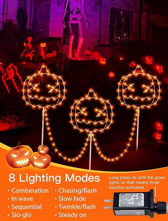 Halloween Walkway Lights,163LED Outdoor Pumpkin Decorations Light Plug in,Timer 8 Modes Garden Stake String Lights for Pathway,Fence,Patio,Yard,Party,Halloween Decor-Orange