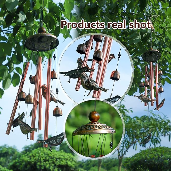 Bird Wind Chimes for Outside,33 inch Length Memorial Sparrow Wind Chime with 4 Large Aluminum Tubes & S Hook,Indoor Outdoor Decor Hanging Wind Catcher Bell for Home,Garden,Patio,Backyard,Porch