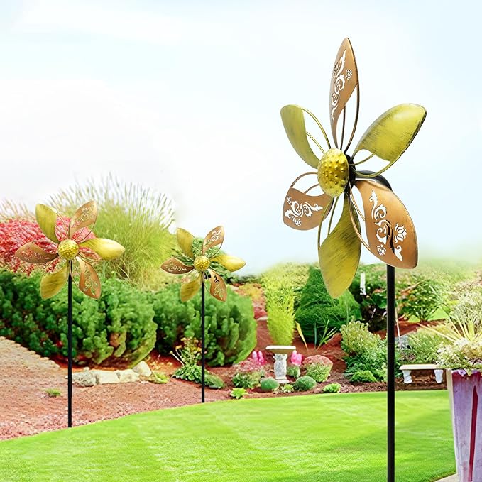 Wind Spinners Outdoor Metal, 10.63" W*37" H Pinwheels for Yard and Garden Decor, Kinetic Wind Sculpture Spinner (Gold Ornate Laser-Cut Floral)