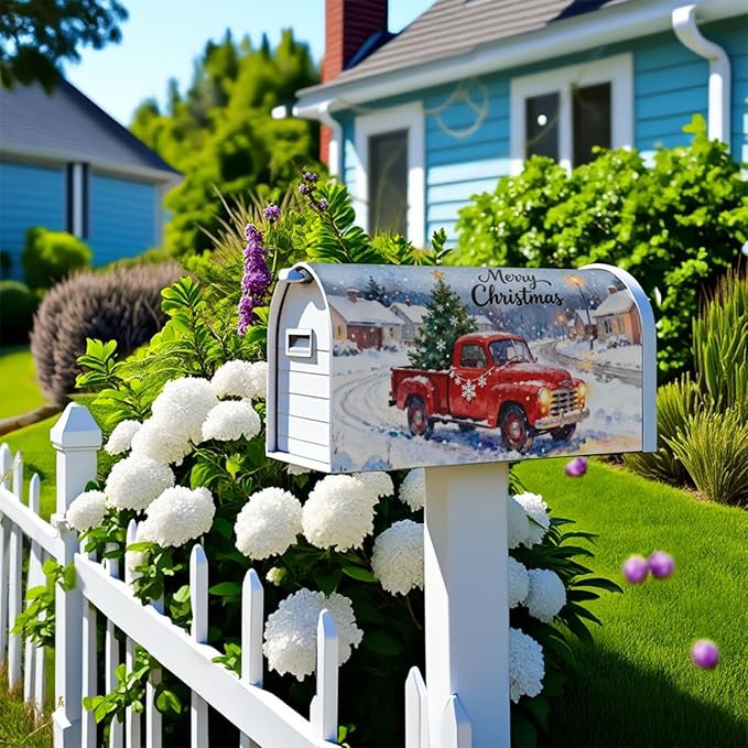 Merry Christmas Red Truck Large Mailbox Covers Magnetic Oversized Xmas Tree Snowflake Snow Scene Holiday Outdoor Decorative Farmhouse Letter Box Cases for Home Garden Outside Decor, 25.5x21 Inch