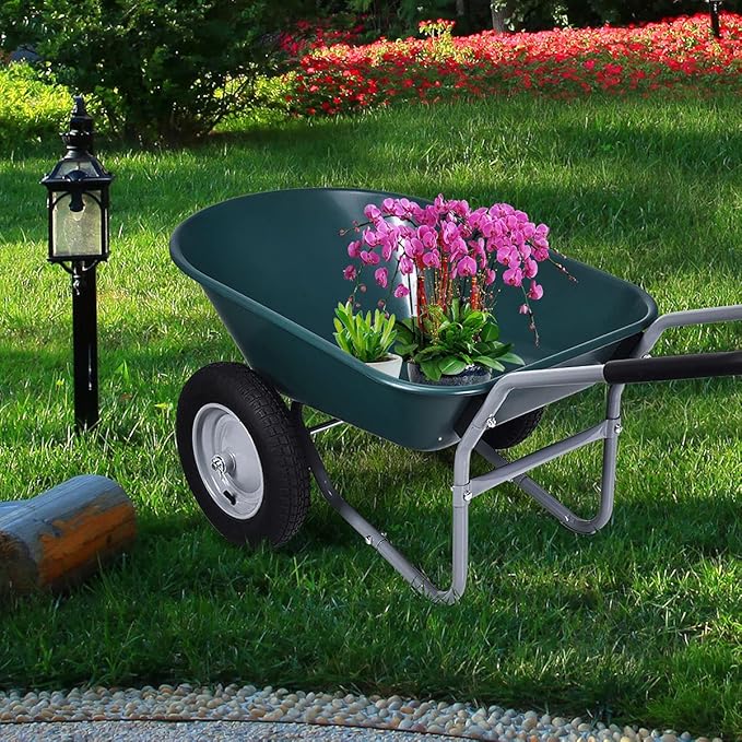 IRONMAX Garden Dual-Wheel Wheelbarrow, Heavy Duty Utility Yard Cart w/ 2x14’’ All-Terrain Wheels & Built-in Stand, Wheel Barrow for Lawn, Yard, Farm, Gardening & Planting (Green)