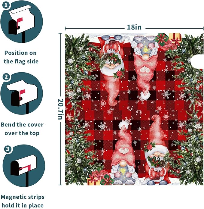 Winter Gnomes Mailbox Cover Magnetic- Standard Size 21x18 Inch- Christmas Trees Winter Snowflakes Red Black Buffalo Plaids Mailbox Wrap Post Cover for Yard Garden Outside Home Decor
