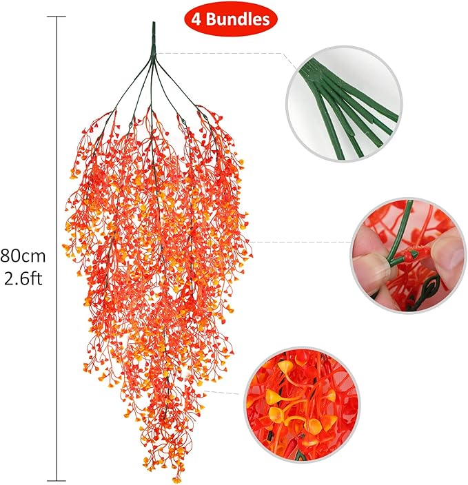 RECUTMS 4 Pcs Artificial Hanging Plants Fall Decor Faux Hanging Plants Artificial Plants UV Resistant Fake for Indoor Outdoors Fake Plants for Patio Garden Party Wedding Decor(Orange)