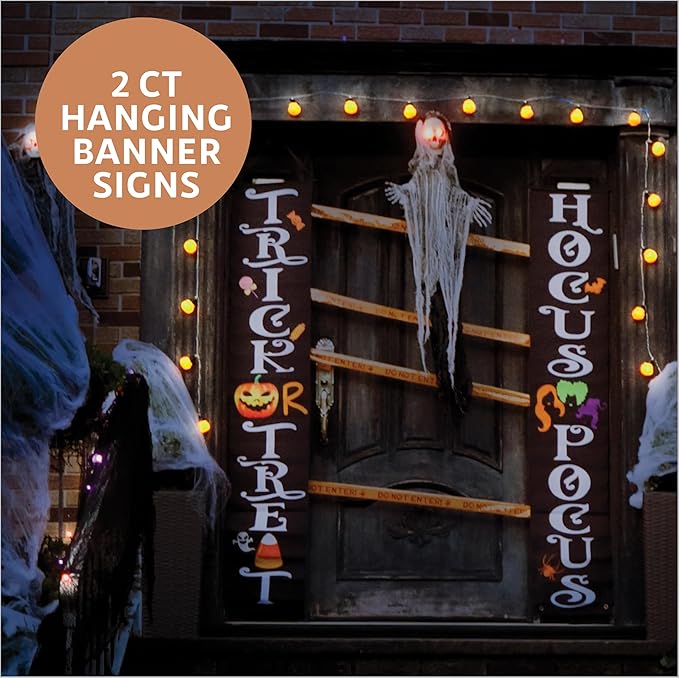 50 Piece Halloween Decorations Outdoor Set, All Included Decor Kit, Hanging Skeleton Ghost, Purple & Orange String Lights, Spider Webs, Creepy Cloth, Caution Tape, Pumpkin Lights, Yard & Door Signs