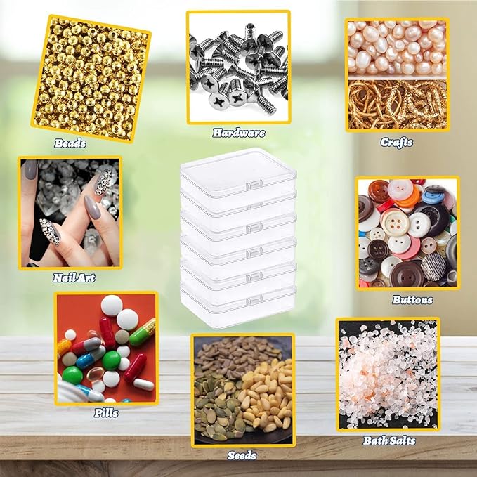 Goiio 6 Pcs Mini Plastic Storage Containers Box with Lid, 5x4x1.3 Inches Clear Rectangle Box for Collecting Small Items, Beads, Game Pieces, Business Cards, Crafts Accessories