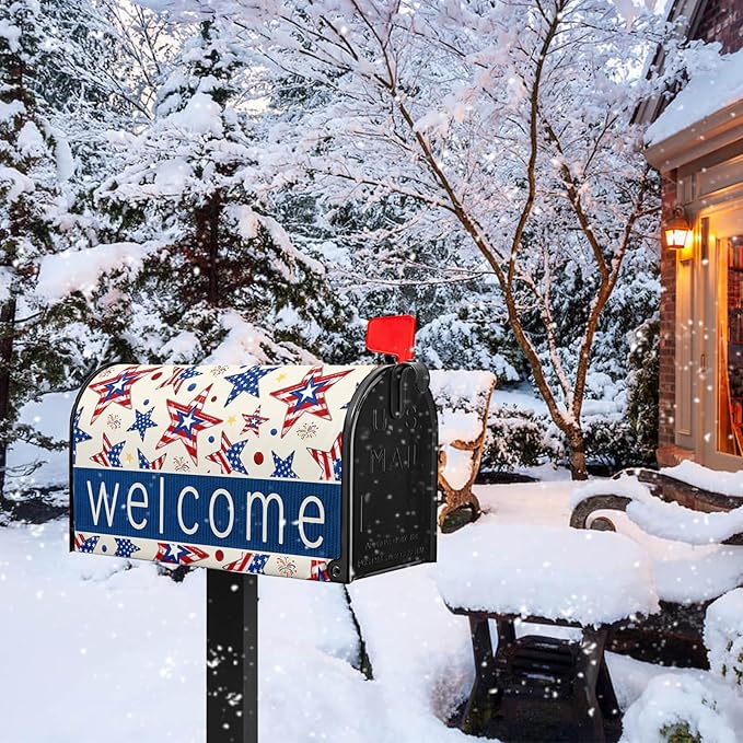 Welcome Star Mailbox Magnetic Covers 4th of July Mailbox Cover Patriotic Post Letter Box Cover Wrap Fourth of July Mail Box Decorations for Outside Garden Standard Size 21x18 in