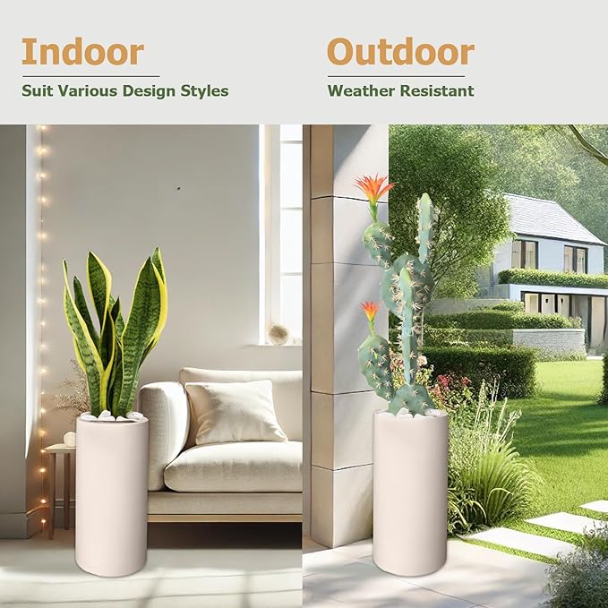 19.5" H x 9.8" D Tubo Fiberstone Cylinder Tall Planter, Christmas Tree Planter, Smooth Finish, Weather Resistant for Indoor & Outdoor Use, 2 Extra Coco Mats (Kilim Beige, 8.2" Pot Opening)
