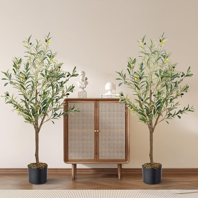 Artificial Fake Olive Tree 4FT Tall 2Pack Faux Silk Olive Tree for Home Living Room Office Decor Faux Artificial Plants Indoor Fake Potted Plants with Fruit & Free Moss