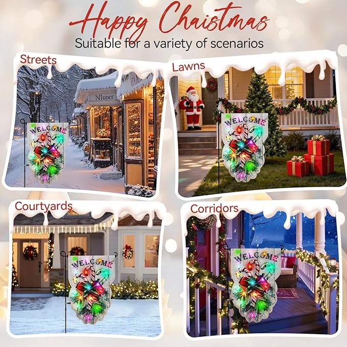 Lighted Christmas Garden Flag - 18x13-inch Waterproof Outdoor Christmas Decoration with 24 Glow-in-The-Dark LED in 8 Patterns, Perfect for Yard, Porch, and Lawn Decorations