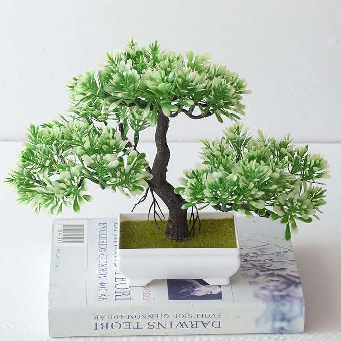 Mini Artificial Bonsai Tree Fake Plants - Artificial Plant Welcome Pine Treewith Plastic Cement Pots for Home Office Décor (White)