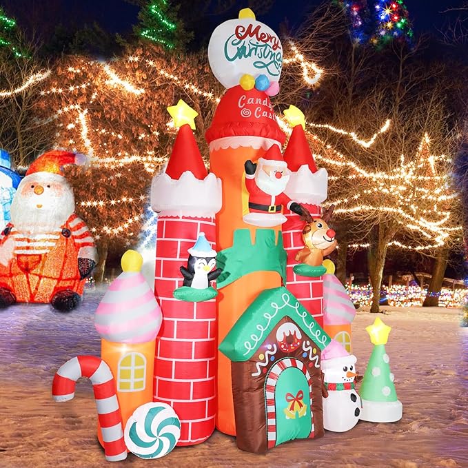 Christmas Inflatables Outdoor Decoration Castle - 10FT Inflatable Christmas Castle with Snowman Penguin Reindeer Giant Outdoor Indoor Blow Up Airblown LED Light Yard Lawn Garden Home