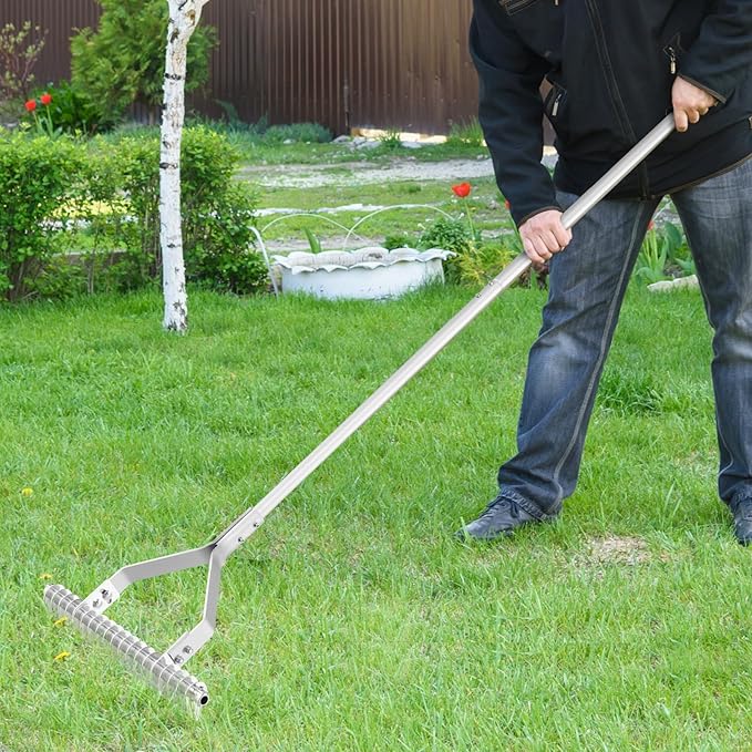 70" Thatch Rake, Lawn Thatching Rake with 20" Wide Adjustable Head, Double Sided Design, 19 Curved Tines & Non-slip Handle, Garden Landscaping Tool Lawn Dethatcher for Yard, Garden & Beach