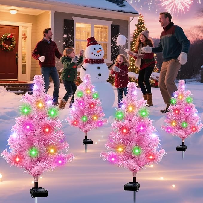 Solar Christmas Tree Outdoor Decor, Waterproof Solar Xmas Decorations Garden Stake Lights, Multi-Color LED Christmas Décor for Outside Landscape Pathway Porch Yard Holiday (4 Pcs Pink)