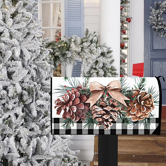 Winter Pine Cone Mailbox Cover Magnetic Standard Size 21" x 19", Buffalo Plaid Farmhouse Decorative Post Letter Box Wrap Decor, Christmas Pine Needle Bow Red Berry Garden Yard Outdoor Decoration