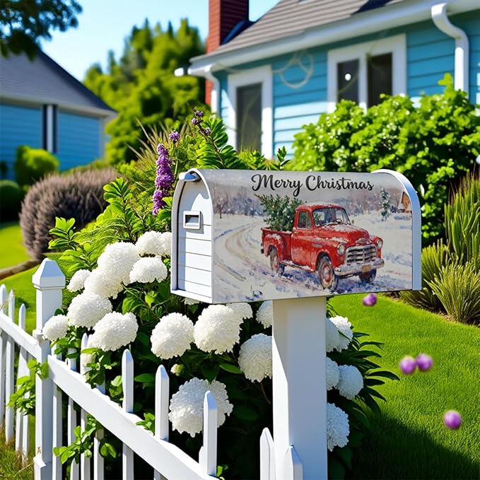 Christmas Red Truck Mailbox Covers Magnetic Standard Size Rustic Snow Scene Xmas Tree Merry Holiday Outdoor Decorative Farmhouse Letter Box Cases for Home Garden Outside Decor, 21x18 Inch