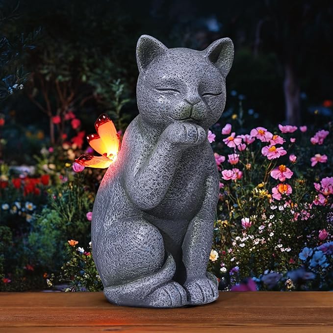 Solar Contented Cat Outdoor Statue Garden Decor,Birthday Gifts for Grandma Mom Women, Ornament for Balcony, Garden, Patio, Yard, Lawn Porch Patio Balcony Home House,7 Colors of Butterfly Glow
