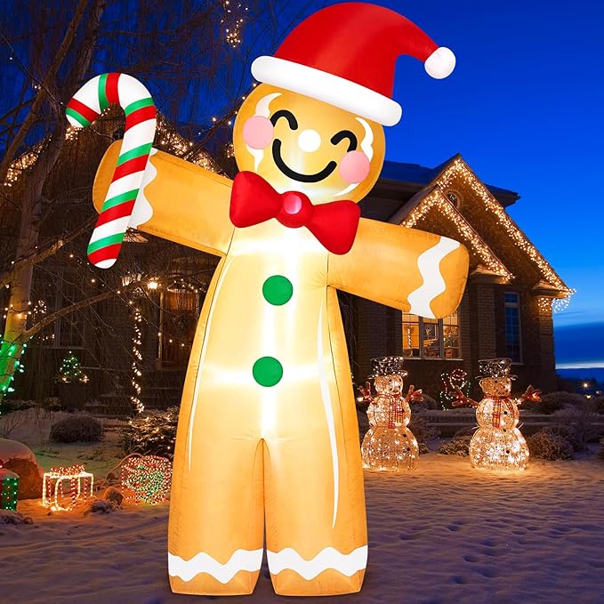 8FT Tall Giant Gingerbread Inflatable Christmas Decorations Outdoor Candy Cane, Built-in LED Lights Funny Ginger Bread Blow Up Outside Decoration for Xmas Holiday Indoor Party Yard Lawn Garden Decor
