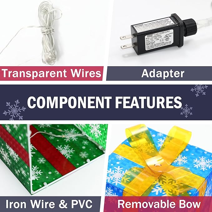 LuxenHome Set of 3 Lighted Gift Boxes, Plug-in Colorful Boxes with Ribbon Bow for Xmas Holiday Display, Lawn, Porch, Under Tree Indoor, Outdoor Christmas Decoration.