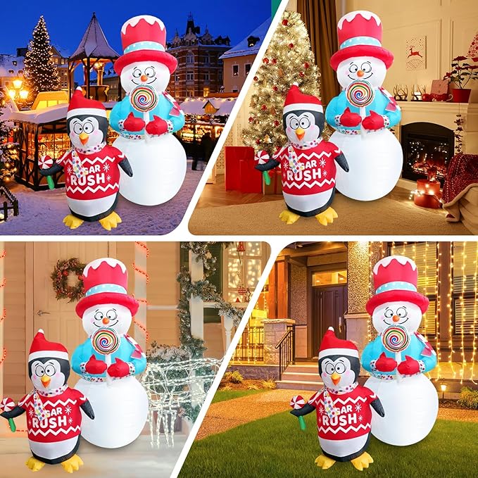 6FT Inflatable Christmas Snowman Decorations Blow Up Penguin Lollipop Outdoor Xmas Decor Inflate Cute Santa with LED Light for Indoor Outside Yard Garden Lawn Porch Patio Holiday Party