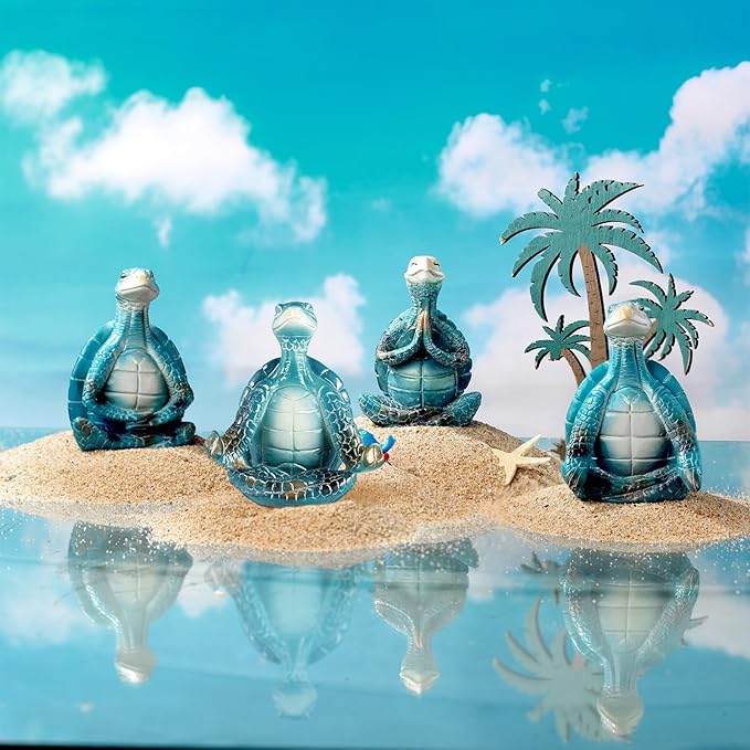 4 Pcs Sea Turtle Meditation Yoga Decor Zen Sea Turtles Garden Statue Figurines Coastal Ocean Beach Bathroom Decor Turtle Gifts for Women Yogis Home Office Decorations(Stylish)