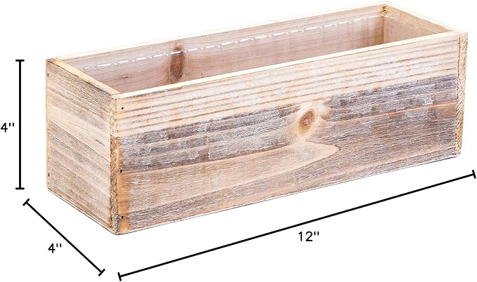 Wood Planter Box Set, Rustic Whitewash, Plastic Liner, 12x4 Inch Rectangular Flower Holder, Natural Wood Decor, Country Style, Home and Wedding Decorations, Garden Ornaments (Set of 4)