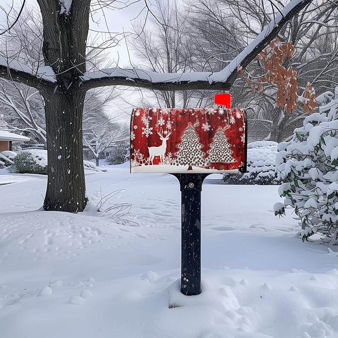 Christmas Mailbox Cover Christmas Tree Winter Snowflake Pine Oversized Mailbox Wrap Poinsettia Christmas Tree Wood White Snow Letter Post Box Cover Decor Large Size 25.5 X 21 Inch