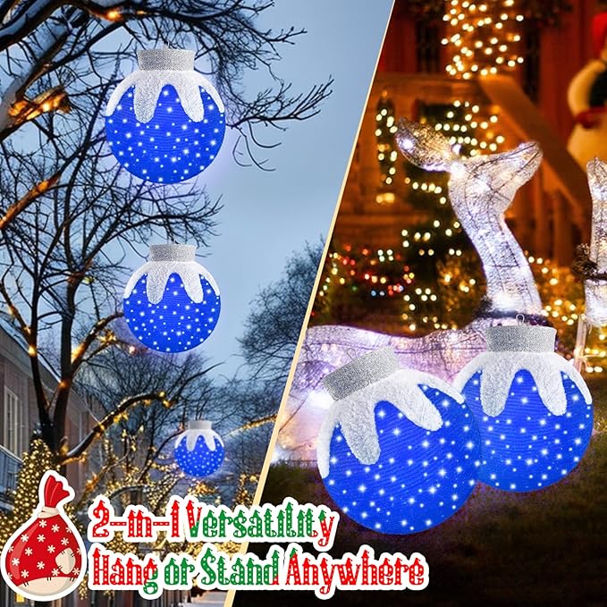 Outdoor Hanging Christmas Ornaments, Lighted Pop-Up Hanging Outdoor Holiday Ball Decoration, 8 Light Modes, Lighted Collapsible Holiday Decorations (Blue)