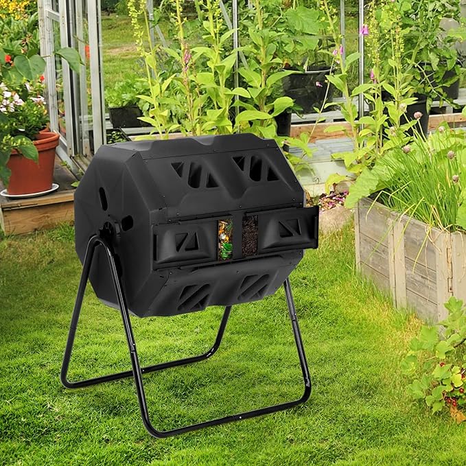 43 Gallon Compost Bin Outdoor Tumbling Composting Bins Compost Tumbler Bucket Trash Can w/Dual Chamber Sliding Doors for Garden Patio,Black Door