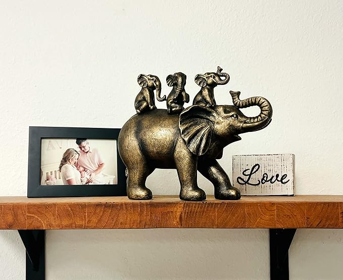 Nature's Mark 8" H 3 Baby Elephants Riding an Elephant Resin Statue Figurine Home Decorative Accent Decor (Bronze)