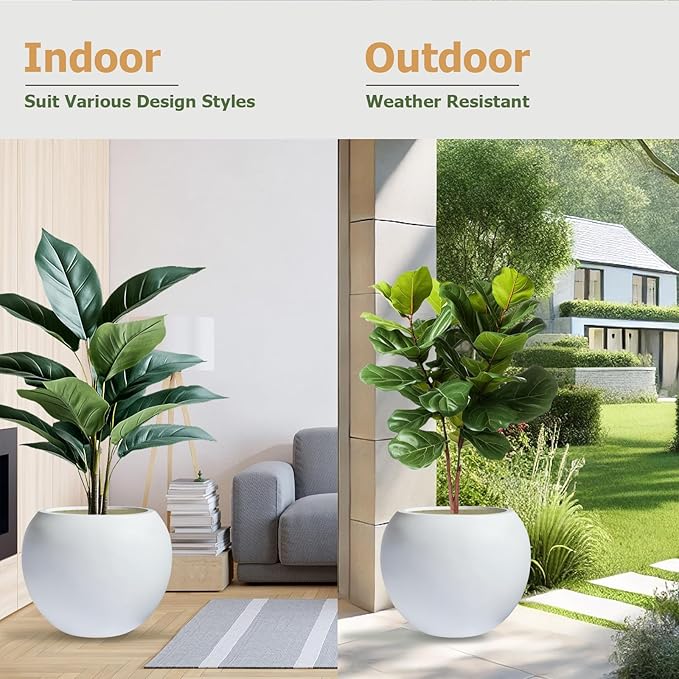 12.8" H x 16" D Globo Fiberstone Round Planter - Christmas Tree Planter, Smooth Finishes, Weather Resistant for Indoor & Outdoor Use, Included 2 Extra Coco Mats (White, 10.7" Pot Opening)