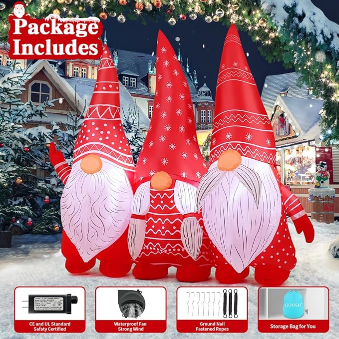 GOOSH 6.8 FT Long Christmas Inflatables Gnomes Outdoor Decoration, Xmas Blow Up Yard Decor, Built-in LED Lights for Holiday Party Outdoor Indoor Lawn Garden