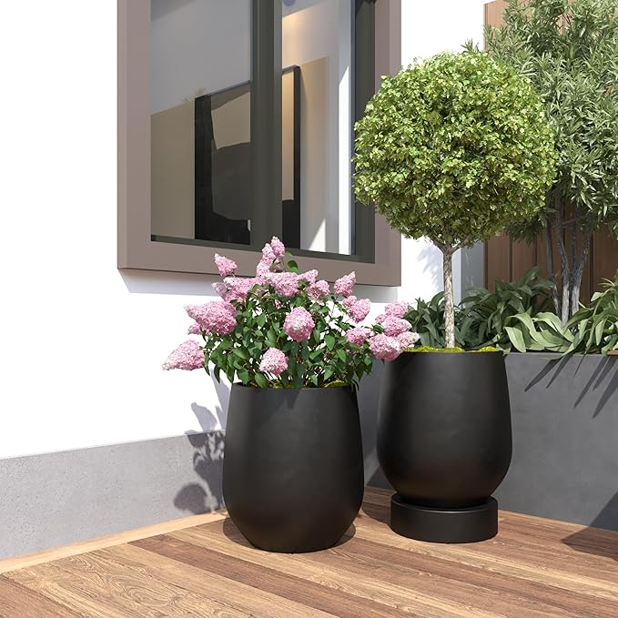 DTY Signature Mount Wilson Lightweight and Durable Modern Fiberstone Tapered Planter for Indoor Outdoor Drainage Hole & Rubber Plug Weather Resistant, 16.7" H x 15" Dia, 11.7" Opening - Medium, Black