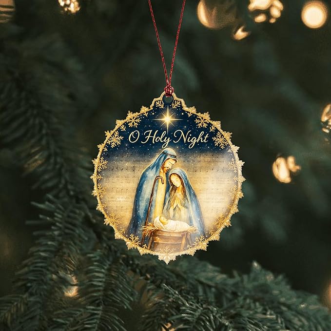 Nativity Ornament – O Holy Night – Christian Christmas Decor – Holy Family Card – Religious Gift – Christmas Holiday – Suncatcher Effect Stained Glass Window Hanging – Car Hanging
