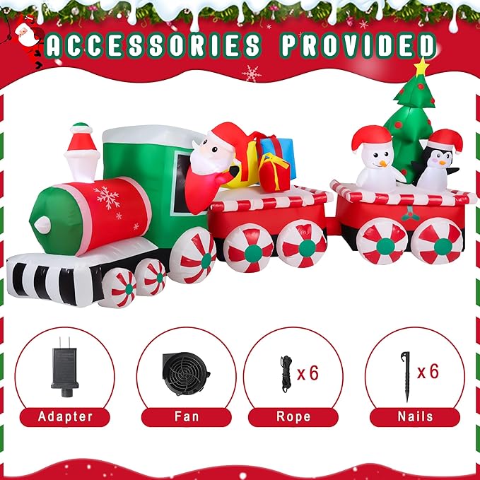 12FT Long Christmas Inflatables Decorations, Outdoor Santa Train Decoration, Giant Blow Up with with Built-in LED Lights for Yard Garden Lawn Holiday Decor