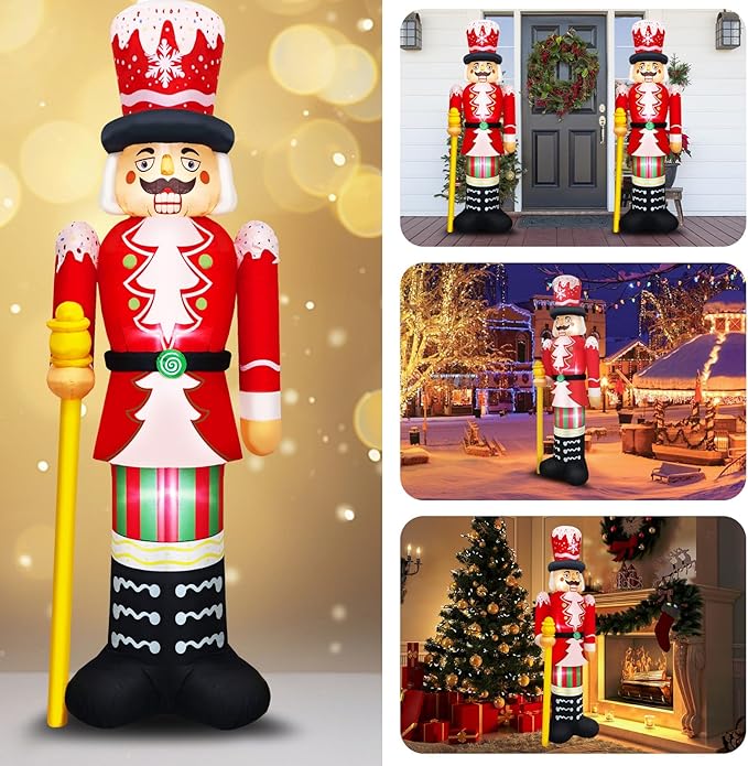 Christmas Inflatables Nutcracker Decoration Blow Up 8FT Santa Figurine Red & White Soldier with Candy Cane Stripes, Staff & Crown Hat Festive Holiday Decor for Lawn, Garden Xmas Display