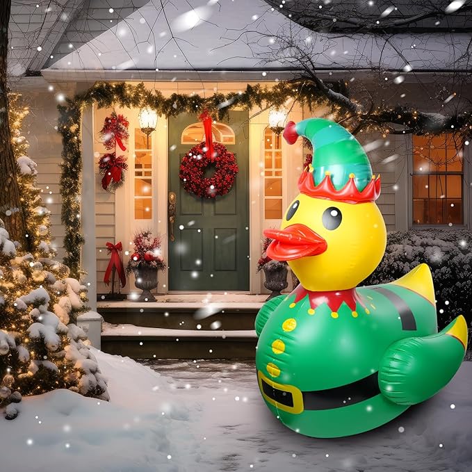 2 Pcs 4.6 Feet Christmas Giant Inflatable Elf Duck Outdoor Decorations,Huge Blow Up Yard Yellow Duck with Green Red Elf Cloth Duck Pool Float for Indoor Christmas Holiday Party Garden Patio Lawn Decor