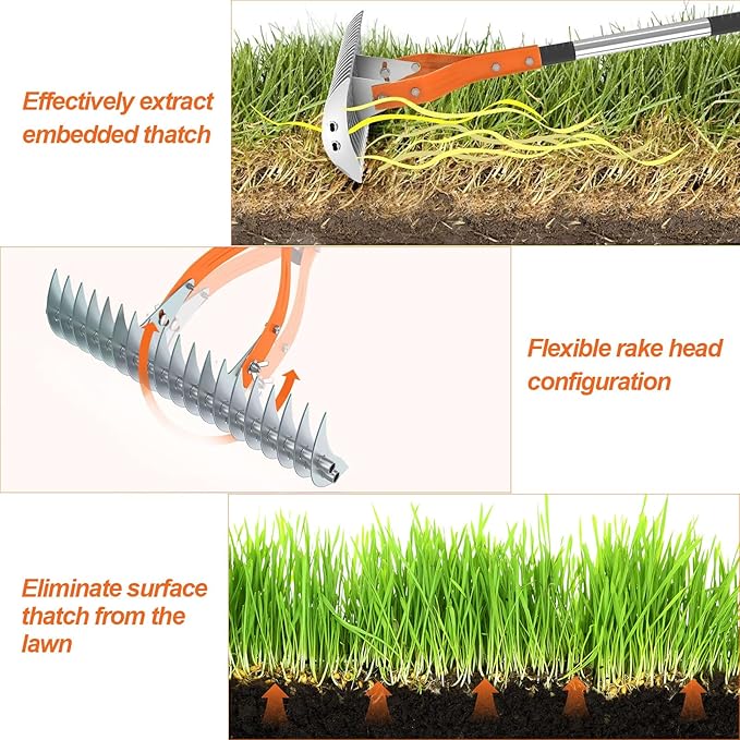 TOOVEM Thatch Rake, 15-inch Lawn Thatching Rake with Heavy Duty Steel Tines & Ergonomic Handle, 70'' Professional Dethatching Rakes for Cleaning Dead Grass, Yard Garden Durable Soil Rakes