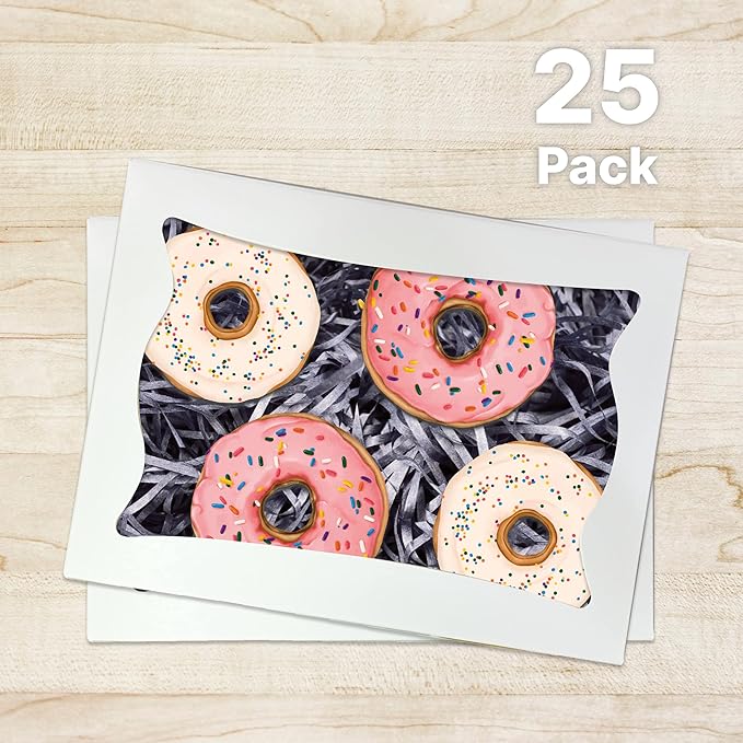 Bubbley White Paper Bakery Boxes - 25-Pack Pastry Boxes with Window for Cookies, Chocolate Covered Strawberries, Macarons, and Muffins, Dessert Disposable Packaging, 8 x 6 x 2.5 Inches