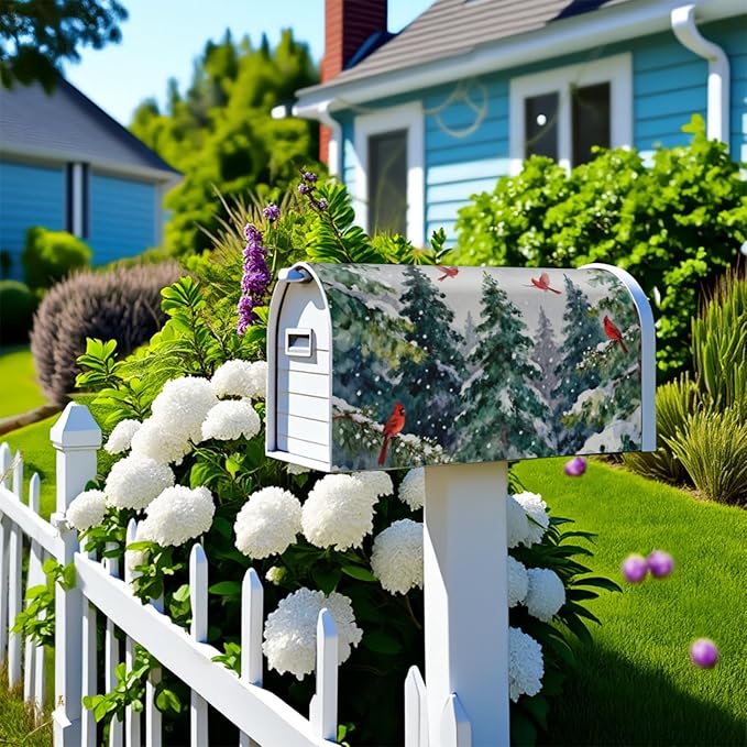 Winter Christmas Tree Large Mailbox Covers Magnetic Oversized Green Red Cardinal Bird Snow Scene Theme Outdoor Decorative Holiday Seasonal Letter Box Cases for Home Garden Outside Decor, 25.5x21 Inch