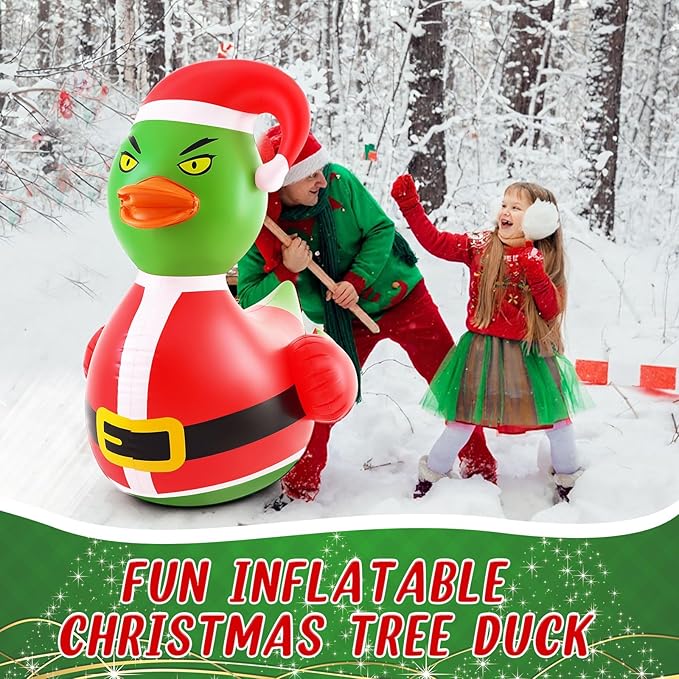 Hungdao 1 Pcs 4 Feet PVC Christmas Giant Inflatable Green Hair Monster Duck Huge Rubber Large Blow up Duck Christmas Pool Floats for Xmas Holiday Indoor Outdoor Pool Decorations