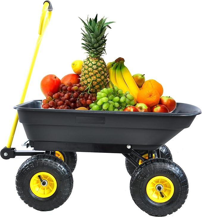 Red Metal Wheelbarrow, Easy Loading and Dumping Garden Cart with Steel Tray, Durable Heavy Duty Utility Trolley for Transporting, Soil, Sand (Black, 4 Wheels-55L)