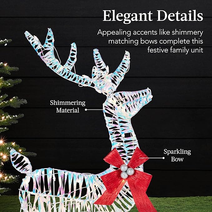 Best Choice Products 4ft 3-Piece 2D Lighted Christmas Deer Family Set, Large Outdoor Yard Reindeer Holiday Decoration with 175 LED Lights, Stakes, Zip Ties - Iridecent