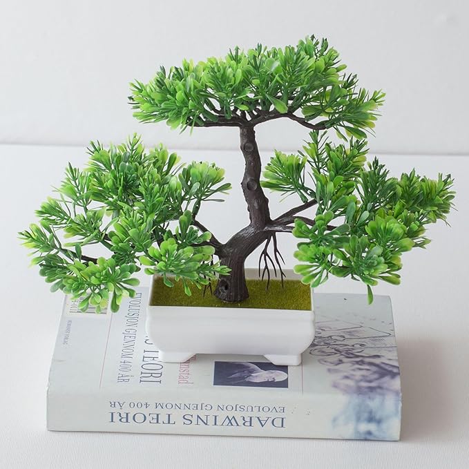 Mini Artificial Bonsai Tree Fake Plants - Artificial Plant Welcome Pine Treewith Plastic Cement Pots for Home Office Décor (Green)