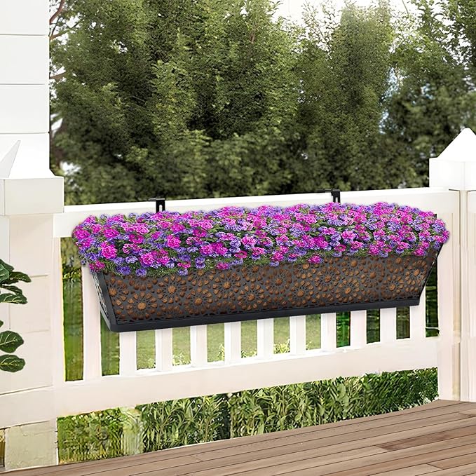 Halatool 4 Pack Window Box Brackets for Railing, Adjustable Heavy Duty Iron Window Flower Holder, Outdoor Sturdy Railing Planter Box Brackets for Fences, Balconies, and Gardens