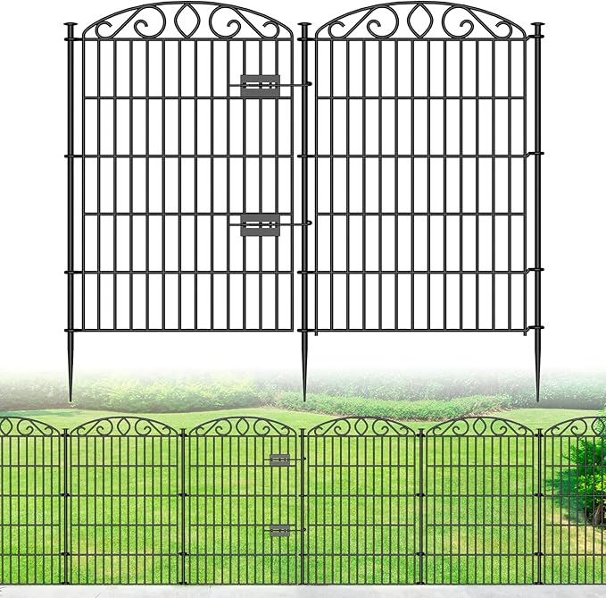 12 Panel Garden Fence with Gate - 36in H x 24ft L, No Dig Rustproof Metal Tall Animal Barrier for Dogs Rabbits, Decorative Outdoor Border for Yard, Patio, and Flower Beds